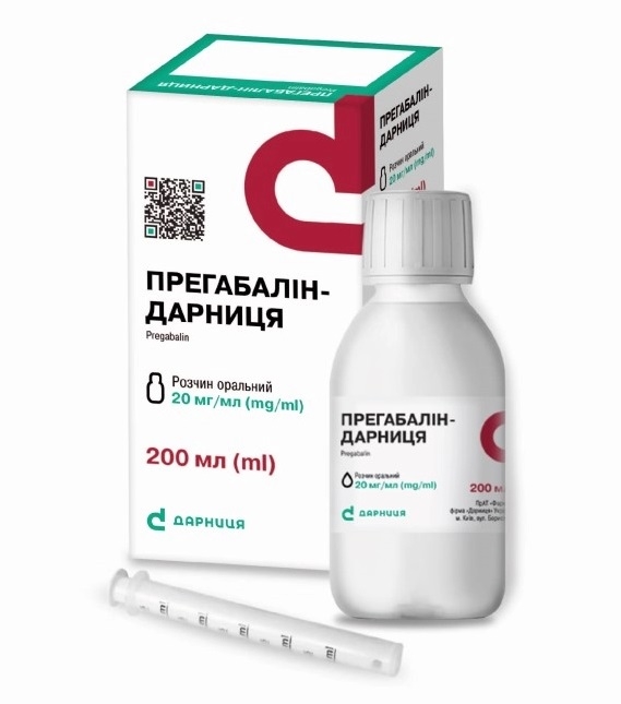 ПРЕГАБАЛІН-ДАРНИЦЯ розчин оральний, 20 мг/мл по 200 мл у флаконі з адаптером, закритому кришкою з контролем першого розкриття №1